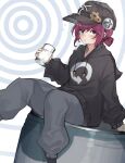  1girl airi_(sanzennenn) bangs black_hoodie blush brown_headwear closed_mouth commentary_request cup drill expressionless feet_out_of_frame gear_hat_ornament gears glass grey_pants highres holding holding_cup hood hoodie indie_virtual_youtuber kaiten-tsuzuri looking_at_viewer pants red_eyes redhead screw_hair_ornament short_hair solo virtual_youtuber water 
