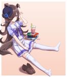  1girl animal_ears arm_up bangs black_headwear blue_flower blue_rose blush book book_stack bow brown_background brown_footwear brown_hair bubble_tea closed_mouth coma_(light825) drinking_straw ears_down eyebrows_visible_through_hair flower frilled_skirt frills full_body hair_over_one_eye hat hat_flower highres horse_ears horse_girl horse_tail loafers long_hair looking_at_viewer petals pleated_skirt puffy_short_sleeves puffy_sleeves purple_bow purple_shirt rice_shower_(umamusume) rose school_uniform shadow shirt shoes shoes_removed short_sleeves sitting skirt soles solo tail thigh-highs tilted_headwear tracen_school_uniform two-tone_background umamusume very_long_hair violet_eyes white_background white_legwear white_skirt 