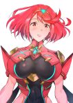  1girl absurdres bangs breasts chest_jewel earrings gem headpiece highres jewelry large_breasts pyra_(xenoblade) red_eyes redhead short_hair simple_background solo swept_bangs tiara ug333333 white_background xenoblade_chronicles_(series) xenoblade_chronicles_2 