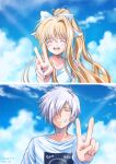  1boy 1girl air blonde_hair closed_eyes clouds dated hair_ribbon kamio_misuzu kunisaki_yukito long_hair looking_at_viewer open_mouth ribbon sky smile v 