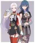  2girls adapted_costume aiguillette bangs black_cape black_dress black_legwear blue_eyes blue_hair breasts byleth_(fire_emblem) byleth_eisner_(female) cape closed_mouth commentary cowboy_shot dress edelgard_von_hresvelg fire_emblem fire_emblem:_three_houses fr0zennnnnnet garter_straps gloves grey_background hair_between_eyes hair_ribbon hand_in_own_hair highres long_hair looking_at_another looking_to_the_side medium_breasts medium_hair multiple_girls pantyhose parted_bangs purple_ribbon red_cape red_legwear ribbon short_dress silver_hair simple_background sleeveless sleeveless_dress smile standing straight_hair thigh-highs vambraces violet_eyes white_gloves 