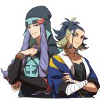  2boys adaman_(pokemon) arm_wrap bangs bracelet bright_pupils brown_eyes closed_mouth collar collarbone commentary_request crossed_arms diamond_clan_outfit hand_up hand_wraps highres hood hood_up hooded_jacket jacket jewelry long_hair long_sleeves looking_at_viewer male_focus melli_(pokemon) multicolored_hair multiple_boys ningen_(gtup8323) pokemon pokemon_(game) pokemon_legends:_arceus ponytail purple_hair smile upper_body white_pupils 