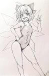  1girl :d bow breasts cirno contrapposto d-m_(dii_emu) greyscale hair_bow hand_on_hip ice ice_wings looking_at_viewer monochrome one-piece_swimsuit open_mouth school_swimsuit short_hair small_breasts smile solo swimsuit touhou w wings 