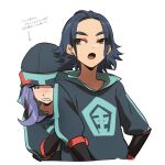  2boys adaman_(pokemon) arrow_(symbol) black_hair blush brown_eyes collarbone commentary_request crying frown hiding_behind_another highres hood hood_up hooded_jacket jacket male_focus melli_(pokemon) multiple_boys ningen_(gtup8323) open_mouth pokemon pokemon_(game) pokemon_legends:_arceus purple_hair shiny shiny_hair simple_background sweatdrop tears tongue translation_request upper_body violet_eyes white_background younger 