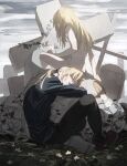 2boys alphonse_elric armor automail bandaged_head bandages bangs barefoot black_pants black_shirt blonde_hair brothers collared_shirt completely_nude cross crying crying_with_eyes_open edward_elric flower full_armor fullmetal_alchemist grave graveyard hair_down half-closed_eyes head_rest long_hair long_sleeves low_ponytail male_focus multiple_boys nude object_hug on_floor on_ground outdoors overcast overgrown p0ckylo pants plant ponytail prosthesis prosthetic_leg shirt shoes siblings single_shoe sitting tears vines white_flower yellow_eyes 