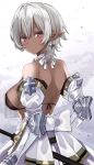  1girl armor back bare_shoulders bow breasts commentary_request dark-skinned_female dark_elf dark_skin detached_sleeves earrings elf gomashi_(goma) grey_hair hair_between_eyes jewelry looking_at_viewer medium_breasts original pointy_ears sheath sheathed short_hair solo sword weapon 