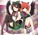  2girls animal_ears barefoot black_hair black_legwear blush bow braid brown_hair cape cat_ears cat_tail feet hair_bow hands kaenbyou_rin long_hair multiple_girls one_eye_closed ramudia_(lamyun) red_eyes redhead reiuji_utsuho ribbon skirt smile tail thigh-highs touhou twin_braids wings 