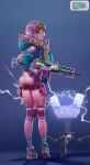  apex_legends ass assault_rifle barcode blonde_hair blue_eyes blue_jacket bodysuit english_commentary eyeshadow finger_to_mouth gloves gun hemlok highres holding holding_gun holding_weapon hood hooded_jacket jacket kawaii_voltage_wattson makeup official_alternate_costume pink_bodysuit pink_eyeshadow pink_footwear pink_gloves pink_headwear rifle shoes shushing sneakers thigh_strap vocky wattson_(apex_legends) weapon 