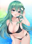  1girl armpits bangs bare_shoulders bikini black_bikini black_bow black_bra black_panties blush bow bra breasts collarbone commentary_request eyebrows_visible_through_hair frog_hair_ornament green_eyes green_hair hair_between_eyes hair_ornament hand_up highres innertube karasusou_nano kochiya_sanae large_breasts long_hair looking_at_viewer navel ocean open_mouth panties smile snake_hair_ornament solo standing star_(symbol) stomach swimsuit tongue touhou underwear water 