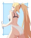  1girl ass blonde_hair blue_eyes commentary_request competition_swimsuit cowboy_shot drill_bulbul eyewear_removed fate/grand_order fate_(series) finger_to_mouth index_finger_raised jeanne_d&#039;arc_(fate) jeanne_d&#039;arc_(swimsuit_archer)_(fate) looking_at_viewer looking_back one-piece_swimsuit ponytail solo swimsuit white_swimsuit 