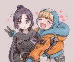  2girls :3 ^_^ apex_legends beige_background black_bodysuit black_gloves black_hair black_scarf blonde_hair blue_headwear blush bodysuit breasts cable closed_eyes gloves hair_bun heart highres hood hooded_jacket jacket medium_breasts multiple_girls open_mouth orange_jacket scarf shimijimi smile v wattson_(apex_legends) wraith_(apex_legends) 