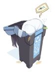  absurdres arrow_(symbol) ass black_hair blue_archive commentary_request dorontabi flying_sweatdrops footprints highres leaf long_hair miyu_(blue_archive) panties panties_under_pantyhose pantyhose recycle_bin recycling_symbol solo speech_bubble trapped trash_can underwear white_background white_panties 