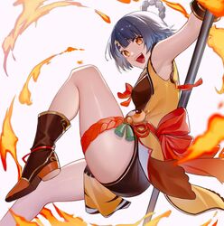  1girl absurdres armpits bare_shoulders black_shorts blue_hair braid china_dress chinese_clothes doris_(1349745448) dress fire genshin_impact guoba_(genshin_impact) hair_ornament hairclip high_heels highres legs open_mouth orange_eyes polearm short_hair short_shorts shorts simple_background sleeveless sleeveless_dress smile solo twin_braids weapon white_background xiangling_(genshin_impact) 