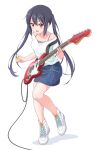  1girl bangs bare_shoulders black_hair blue_shirt blush buttons camisole collarbone commentary_request denim denim_skirt dresstrip eyebrows_visible_through_hair full_body guitar hair_between_eyes highres holding holding_instrument instrument k-on! long_hair looking_at_viewer nakano_azusa off-shoulder_shirt off_shoulder open_mouth pink_camisole red_eyes shirt shoes short_sleeves simple_background skirt smile sneakers solo strap teeth twintails upper_teeth very_long_hair white_background white_footwear white_shirt 