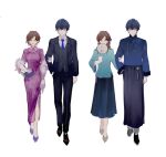  1boy 1girl bangs black_jacket black_pants blue_necktie brown_hair china_dress chinese_clothes closed_mouth dress formal full_body green_eyes hand_fan highres holding holding_fan jacket laoyepo long_sleeves marius_von_hagen_(tears_of_themis) multiple_views necktie pants polo_shirt purple_dress purple_hair rosa_(tears_of_themis) shirt short_hair short_sleeves tears_of_themis violet_eyes white_shirt 