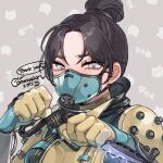  apex_legends bangs black_hair blue_gloves bodysuit breasts brown_background cable commission depths_of_the_void_wraith electricity eyebrows_behind_hair gloves grey_eyes hair_behind_ear hair_bun heart highres holding holding_knife knife kunai mask medium_breasts mouth_mask official_alternate_costume parted_bangs portrait shimijimi speech_bubble upper_body v-shaped_eyebrows weapon wraith&#039;s_kunai wraith_(apex_legends) yellow_bodysuit 