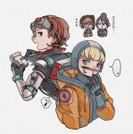  4girls annoyed apex_legends black_eyes blonde_hair blue_bodysuit blue_gloves blue_headwear bodysuit brown_hair dark-skinned_female dark_skin facial_mark forehead_mark gloves goggles goggles_on_head hair_behind_ear hair_bun highres holding holding_notepad hood hooded_jacket horizon_(apex_legends) jacket multiple_girls nessie_(respawn) notepad orange_hair orange_jacket pen rampart_(apex_legends) ribbed_bodysuit shimijimi side_ponytail v-shaped_eyebrows wattson_(apex_legends) wraith_(apex_legends) writing 