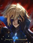  1boy artist_name bishounen blonde_hair blue_eyes collar collared_shirt dainsleif_(genshin_impact) english_text eyes_visible_through_hair genshin_impact ggelus gloves highres male_focus open_mouth shirt short_hair solo sparkle subtitled upper_body 