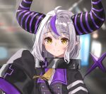  1girl absurdres ahoge bangs black_dress blurry blurry_background braid brown_eyes closed_mouth commentary_request daichi_(daichi_catcat) demon_horns depth_of_field dress eyebrows_visible_through_hair grey_hair hair_between_eyes hand_up highres hololive horns la+_darknesss light_smile long_hair long_sleeves looking_at_viewer multicolored_hair pointy_ears purple_hair sleeves_past_fingers sleeves_past_wrists solo streaked_hair virtual_youtuber 