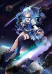  1girl absurdres bangs blue_eyes blue_hair blush comet earth_(planet) full_body gloves hair_ornament hair_ribbon highres hololive hoshimachi_suisei idol juliet_sleeves kamui_(kamuikaoru) long_hair long_sleeves looking_at_viewer mixed-language_commentary open_mouth planet puffy_sleeves ribbon single_glove single_thighhigh solo space star_(symbol) star_hair_ornament star_in_eye symbol_in_eye thigh-highs thigh_strap virtual_youtuber 