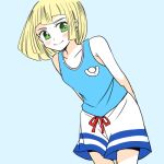  1girl arms_behind_back atsumi_yoshioka bangs bike_shorts blonde_hair blue_shirt blush closed_mouth collarbone commentary_request cosplay elio_(pokemon) elio_(pokemon)_(cosplay) eyelashes green_eyes grey_background leaning_forward lillie_(pokemon) looking_at_viewer lowres medium_hair pokemon pokemon_(game) pokemon_usum shirt shorts simple_background sleeveless sleeveless_shirt smile solo white_shorts 