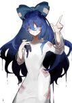  1girl animal_ears arm_up bangle bangs blue_bow blue_eyes blue_hair bow bracelet breasts cat_ears closed_mouth commentary_request dress eyebrows_visible_through_hair eyes_visible_through_hair garasuno hair_between_eyes hands_up highres jewelry long_hair long_sleeves looking_at_viewer medium_breasts pointing simple_background smile solo standing stuffed_animal stuffed_toy teeth touhou toy v-shaped_eyebrows white_background white_dress yorigami_shion 