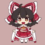  1girl ahoge ascot black_hair blush bow chibi detached_sleeves dnk eyebrows_visible_through_hair frilled_bow frills full_body gradient gradient_background hair_bow hair_tubes hakurei_reimu highres looking_at_viewer midriff navel open_mouth red_bow red_skirt ribbon-trimmed_sleeves ribbon_trim skirt skirt_set smile solo standing touhou wide_sleeves yellow_neckwear 