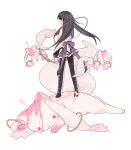  1girl :3 argyle argyle_legwear arrow_(projectile) arrow_in_body arrow_in_head back_bow black_footwear black_hair black_legwear blood bow bow_(weapon) colored_inner_hair creature english_commentary gradient_fur halo holding holding_bow_(weapon) holding_weapon kyubey long_hair long_sleeves looking_at_viewer looking_back multicolored_hair pantyhose pink_blood pink_eyes pink_fur purple_bow purple_hair purple_skirt shirt shoes skirt standing_on_animal u_emper very_long_hair weapon white_fur white_shirt wide_shot 