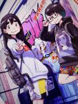  2girls asano_inio backpack bag bangs black_hair dead_dead_demons_de_dedede_destruction glasses graffiti highres hood hoodie koyama_kadode long_hair multicolored_hair multiple_girls nakagawa_ouran official_art older short_hair shorts streaked_hair swept_bangs thick_eyebrows v 