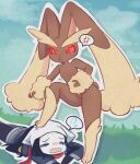  2girls :&lt; akari_(pokemon) alpha_pokemon anger_vein angry animal_ears animal_feet black_hair blue_kimono blue_legwear blue_sky body_fur brown_fur character_cutout closed_eyes closed_mouth clouds commentary day flat_chest foot_on_head full_body furry furry_female glowing glowing_eyes grass head_scarf highres japanese_clothes kimono leg_up leggings long_hair long_sleeves looking_at_another looking_down lopunny lying multiple_girls on_stomach open_mouth outdoors outline pokemon pokemon_(creature) pokemon_(game) pokemon_legends:_arceus puddingcookie_(520467) rabbit_ears rabbit_girl rabbit_tail red_eyes sash sky speech_bubble spoken_anger_vein spoken_sweatdrop standing stepped_on sweatdrop tail tears two-tone_fur wavy_mouth white_headwear white_outline yellow_fur 