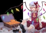 1girl ascot black_footwear blonde_hair bobby_socks bow chrysanthemum collared_shirt commentary crystal flandre_scarlet flower fork full_body glowing hat hat_bow highres holding holding_fork holding_knife knife looking_at_viewer mary_janes mob_cap on_ground open_mouth orange_flower puffy_short_sleeves puffy_sleeves red_bow red_eyes red_skirt red_vest shirt shoes short_hair short_sleeves shuukenyuu sitting skirt skirt_set socks solo suitcase touhou tsurime vest white_headwear white_legwear white_shirt wings wrist_cuffs yellow_ascot 