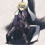  1girl armor armored_boots blonde_hair blue_eyes boots breasts cloak crossed_legs eyebrows_visible_through_hair fate/apocrypha fate_(series) full_body gauntlets headpiece jeanne_d&#039;arc_(fate) looking_at_viewer sakamoto_mineji short_hair simple_background smile solo thigh-highs 