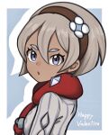  1girl :o bangs bea_(pokemon) border brown_hairband commentary_request dark-skinned_female dark_skin echizen_(n_fns17) eyelashes flower grey_eyes grey_hair hair_between_eyes hair_flower hair_ornament hairband happy_valentine looking_at_viewer looking_to_the_side official_alternate_costume pokemon pokemon_(game) pokemon_masters_ex red_scarf scarf short_hair solo sweater upper_body white_border white_flower 