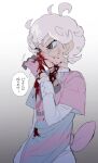  1boy bede_(pokemon) blood blood_on_clothes blood_on_face closed_mouth curly_hair gloves gradient gradient_background highres long_sleeves male_focus nosebleed pink_gloves pokemon pokemon_(game) pokemon_swsh simple_background solo thxzmgn translation_request violet_eyes white_hair 