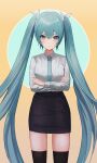 1girl black_legwear black_skirt blue_background blue_eyes blue_hair bow crossed_arms grey_shirt hair_bow hatsune_miku long_hair long_sleeves moth1 multicolored_background necktie shirt skirt solo thigh-highs twintails vocaloid white_background yellow_background 