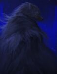  1boy absurdres animal_head blaidd_the_half-wolf blue_background blue_theme cloak elden_ring from_side fur_cloak furry furry_male highres male_focus poreyneel profile red_eyes solo 