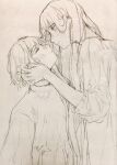  2girls absurdres aki_(_n_ff) closed_mouth commentary_request greyscale hair_behind_ear hands_on_another&#039;s_face highres imminent_kiss long_hair long_sleeves looking_at_another monochrome multiple_girls original parted_lips scan shirt short_hair sketch traditional_media yuri 