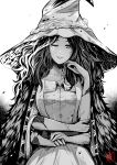  1girl absurdres cloak elden_ring extra_arms ezraqi flat_chest fur_cloak greyscale hand_up hat head_tilt highres joints long_hair looking_at_viewer monochrome one_eye_closed parted_lips ranni_the_witch simple_background smile solo white_background witch_hat 
