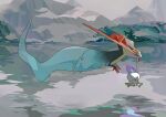  :o carrying dragapult fire flame flying fog from_side highres litwick mouth_hold no_humans open_mouth outdoors pokemon pokemon_(creature) purple_fire reflection two_pokemon water yellow_eyes 