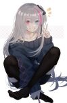  1girl bangs black_legwear black_ribbon blue_eyes collarbone commentary eyebrows_visible_through_hair feet full_body girls_frontline grey_sweater grin hair_ribbon heterochromia highres holding_own_foot long_hair long_sleeves looking_at_viewer md5_mismatch mdr_(girls&#039;_frontline) multicolored_hair nail_polish no_shoes pink_eyes pink_hair pink_nails rabb_horn ribbon side_ponytail silver_hair smile streaked_hair sweater teeth thigh-highs toenails toes v 