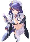  1girl bangs bikini braid braided_ponytail breasts genshin_impact hair_ornament hamahama highres large_breasts long_hair looking_at_viewer maid maid_bikini mole mole_under_eye purple_hair raiden_shogun swimsuit thighs very_long_hair violet_eyes 