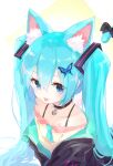  1girl :p animal_ears bell black_bow black_jacket blue_butterfly blue_eyes blue_hair blue_necktie bow bug butterfly butterfly_hair_ornament cat_ears cat_tail chest_tattoo collar collarbone commentary_request hair_ornament hairclip hatsune_miku jacket long_hair looking_at_viewer neck_bell necktie nejikyuu revision shirt short_necktie solo spaghetti_strap tail tail_bow tail_ornament tattoo tongue tongue_out twintails upper_body very_long_hair vocaloid yellow_shirt zipper 