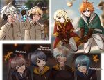  3girls 5boys aether_(genshin_impact) alternate_universe bennett_(genshin_impact) blue_eyes blue_hair braid broom broom_riding brown_hair capelet chongyun_(genshin_impact) closed_eyes english_text genshin_impact gloves harry_potter_(series) highres hu_tao_(genshin_impact) laughing lumine_(genshin_impact) multiple_boys multiple_girls no_pupils orange_hair seelie_(genshin_impact) sky smoke surprised sweatdrop tartaglia_(genshin_impact) twin_braids twintails white_hair xiangling_(genshin_impact) xingqiu_(genshin_impact) yellow_eyes zhacaitan 