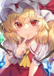  1girl ascot bangs blonde_hair blush breasts closed_mouth collarbone collared_shirt commentary_request crystal dress eyebrows_visible_through_hair eyelashes eyes_visible_through_hair fang fingernails flandre_scarlet frilled_shirt frills grey_headwear hair_between_eyes hat hat_ribbon highres jewelry long_fingernails looking_at_viewer medium_breasts mob_cap multicolored_wings nail_polish one_side_up pink_nails puffy_short_sleeves puffy_sleeves red_dress red_eyes red_ribbon ribbon shirt short_hair short_sleeves simple_background smile solo standing suiete touhou white_background white_shirt wings wrist_cuffs yellow_ascot 