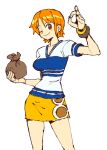  1girl bangs bracelet breasts brown_eyes closed_mouth cowboy_shot dreaminerryday english_commentary holding holding_money jewelry medium_breasts money nami_(one_piece) ok_sign one_eye_closed one_piece orange_hair shirt short_hair short_sleeves skirt smile solo standing v_neck white_background yellow_skirt 