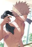  1boy abs bakugou_katsuki blonde_hair blurry blurry_background boku_no_hero_academia collarbone depth_of_field eyebrows_visible_through_hair highres holding holding_towel looking_at_viewer male_focus open_mouth plant red_eyes solo spiky_hair sweatdrop toned toned_male topless_male towel towel_around_neck twitter_username ume_(326310) v-shaped_eyebrows 