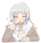  1girl absurdres blush brown_cardigan cardigan chopsticks commentary_request cup_noodle eating grey_hair highres holding holding_chopsticks hololive long_hair murasaki_shion oisiimizu open_mouth orange_eyes shirt simple_background solo sweat upper_body virtual_youtuber white_background white_shirt 