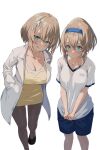  2girls :q aogiri_koukou_game_club aqua_eyes bangs blonde_hair blue_hairband blue_shorts blush breasts closed_mouth dress eyebrows_visible_through_hair hair_between_eyes hair_ornament hairband hands_in_pockets highres kkix25 kurikoma_komaru labcoat large_breasts long_sleeves looking_at_viewer medium_breasts multiple_girls pantyhose shirt shoes short_sleeves shorts tongue tongue_out virtual_youtuber white_shirt yellow_dress 