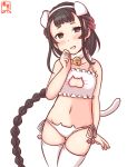  1girl animal_ears artist_logo bell black_hair bra braid brown_eyes cat_cutout cat_ear_panties cat_ears cat_lingerie cat_tail cleavage_cutout clothing_cutout commentary_request cowboy_shot dated flat_chest frilled_bra frills gradient_hair jingle_bell kanon_(kurogane_knights) kantai_collection long_hair meme_attire multicolored_hair neck_bell one-hour_drawing_challenge panties paw_print side-tie_panties single_braid solo standing tail thigh-highs thigh_gap underwear underwear_only white_background white_bra white_legwear white_panties yamashio_maru_(kancolle) 