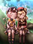  2girls :3 absurdres ahoge animal_ears animal_print backpack bag bag_removed bangs bangs_pinned_back belt black_footwear black_shorts blurry boots brown_footwear brown_gloves brown_scarf cabbie_hat cat_ears cat_girl cat_print cat_tail clover_print coat commentary depth_of_field detached_sleeves diona_(genshin_impact) eyebrows_visible_through_hair flower genshin_impact gloves grass hair_between_eyes hair_ribbon hat hat_flower hat_ornament highres holding_hands klee_(genshin_impact) knee_boots kneehighs kuma_piv light_brown_hair long_hair long_sleeves low_twintails midriff multiple_girls navel parted_lips paw_print pink_hair pointy_ears puffy_detached_sleeves puffy_shorts puffy_sleeves randoseru red_coat red_headwear ribbon scarf short_hair shorts sidelocks sitting skyline sleeping sleeping_on_person symbol-only_commentary tail thick_eyebrows tree twintails vision_(genshin_impact) white_gloves windmill 